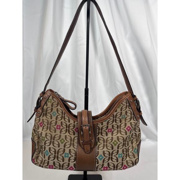 Fossil Handbags - Vintage Fossil Handbag Y2K Leather & Canvas With Floral Design Small Tan